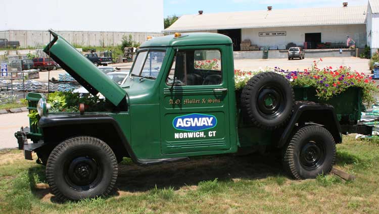 local Agway store draws in customers with a green a Willys Jeep pickup